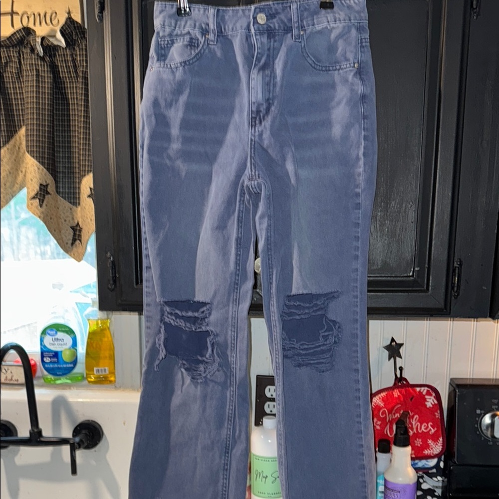 Zenana Outfitters Blue Bootcut Jeans with Distressed Details